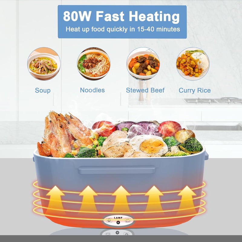 HOLDRUBY Electric Heated Lunch Boxes Adults: 80W Electric Lunch Box Food Heated 12/24/110V 1.5L Heatable Lunch Box for Car/Truck/Office Leak-Proof Stainless Steel Container,Fork & Spoon,Bag (Light Blue+White) - Image 3